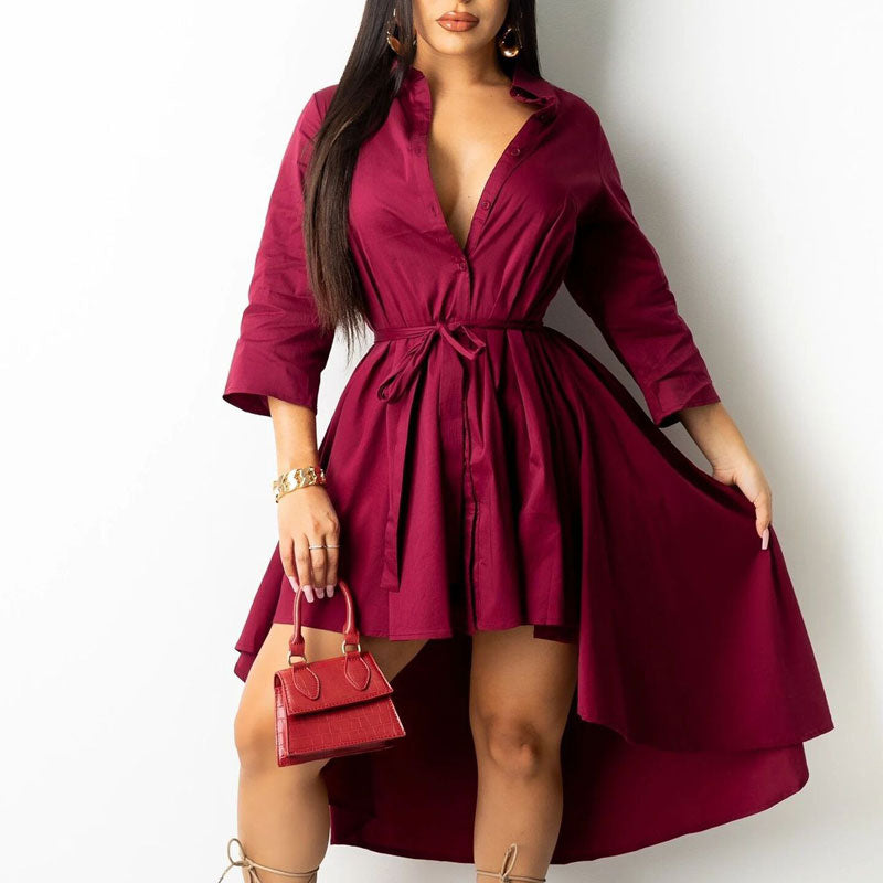 Solid Long Sleeve Button Detailed Belted Irregular Dress