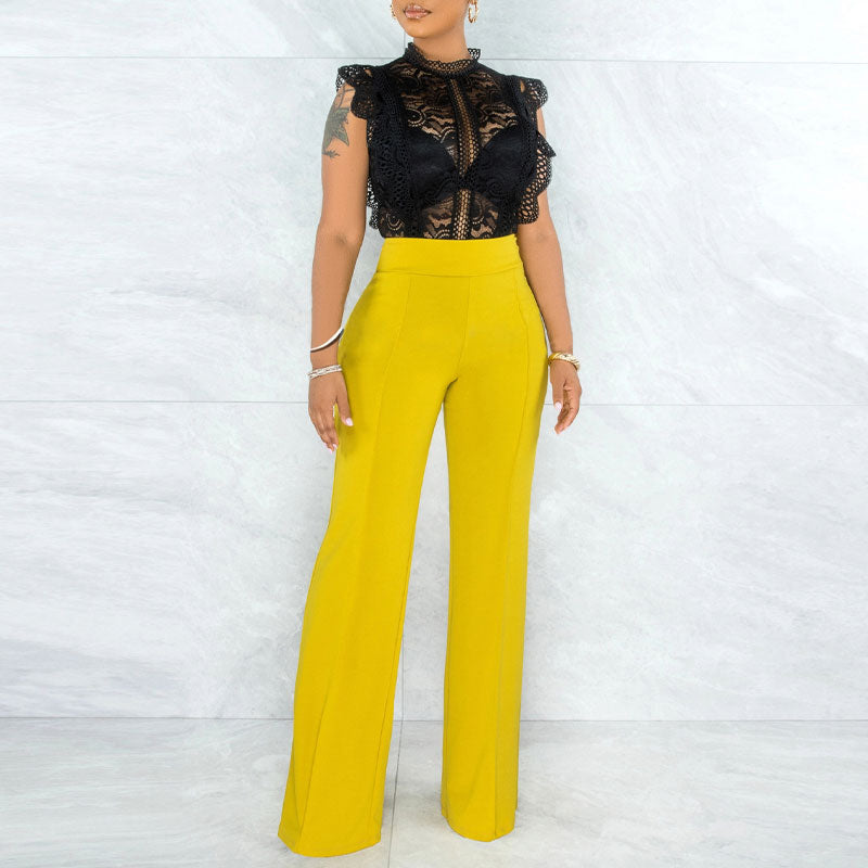 Solid High Waist Straight Leg Pants