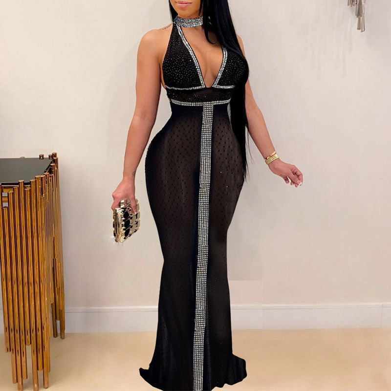 Rhinestone Sleeveless V-Neck Sheer Mesh Maxi Dress