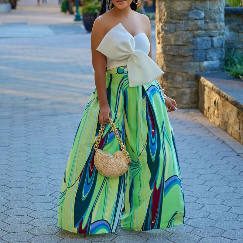 Bowknot Bandeau Top & Print Wide Leg Pants Set