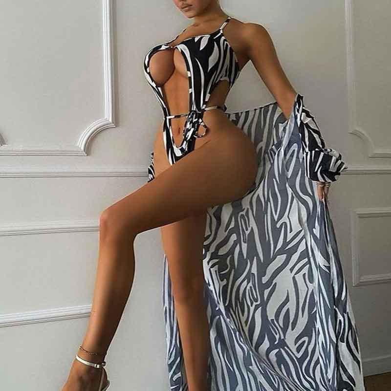 Print Halter Cut Out One Piece Swimsuit & Cover Up Set(Sold Separately)