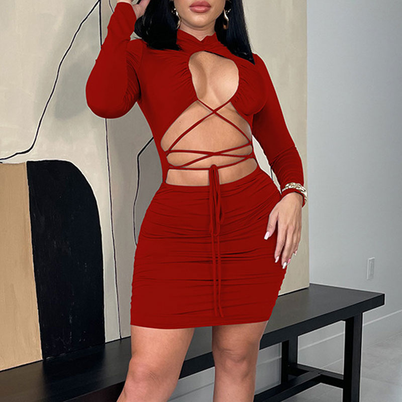 Solid Long Sleeve Hollow Out Bandage Bodycon Dress