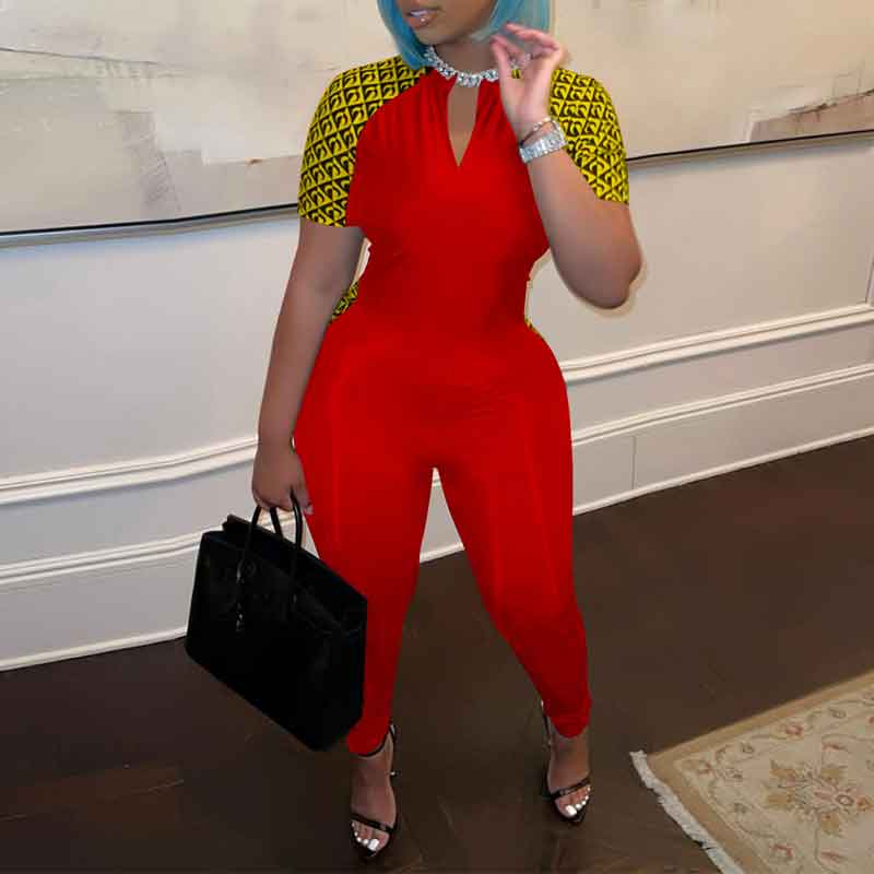 Colorblock Letter Print V-Neck Jumpsuit