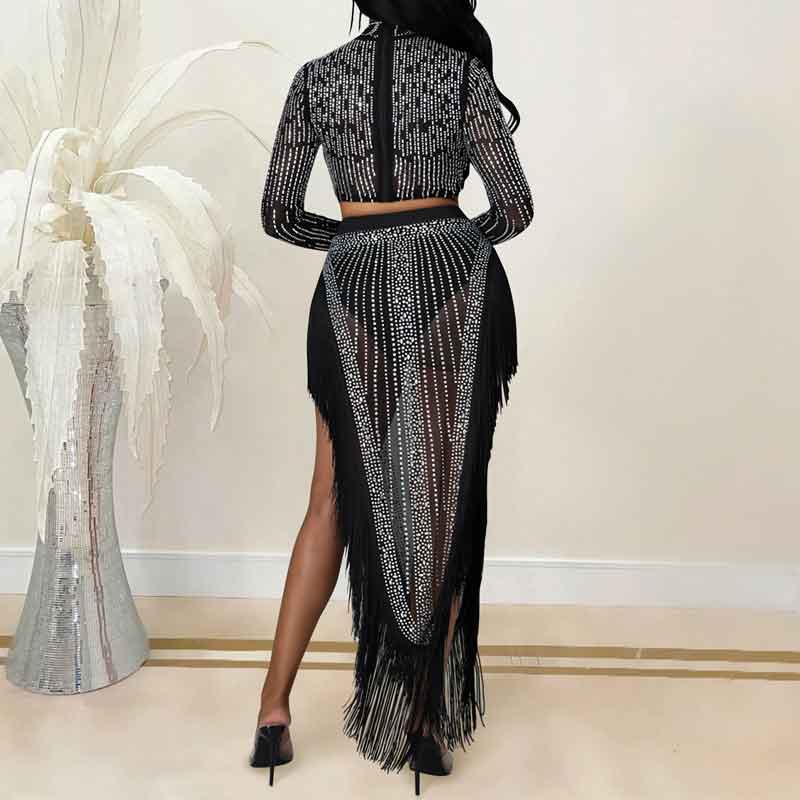 Rhinestone Long Sleeve Crop Top & Tassel Design Slit Skirt Set