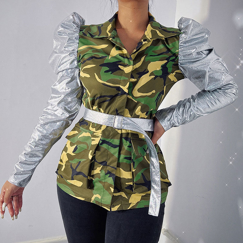 Glitter Camouflage Pattern Puff Sleeve Belted Coat