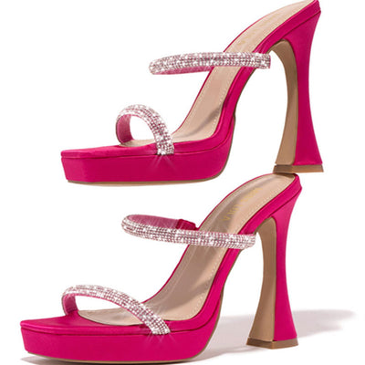 Rhinestone Double Strap Platform Thin Heeled Sandals