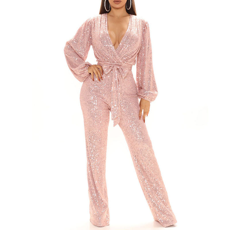 Sequins Deep V-Neck Long Sleeve Jumpsuit