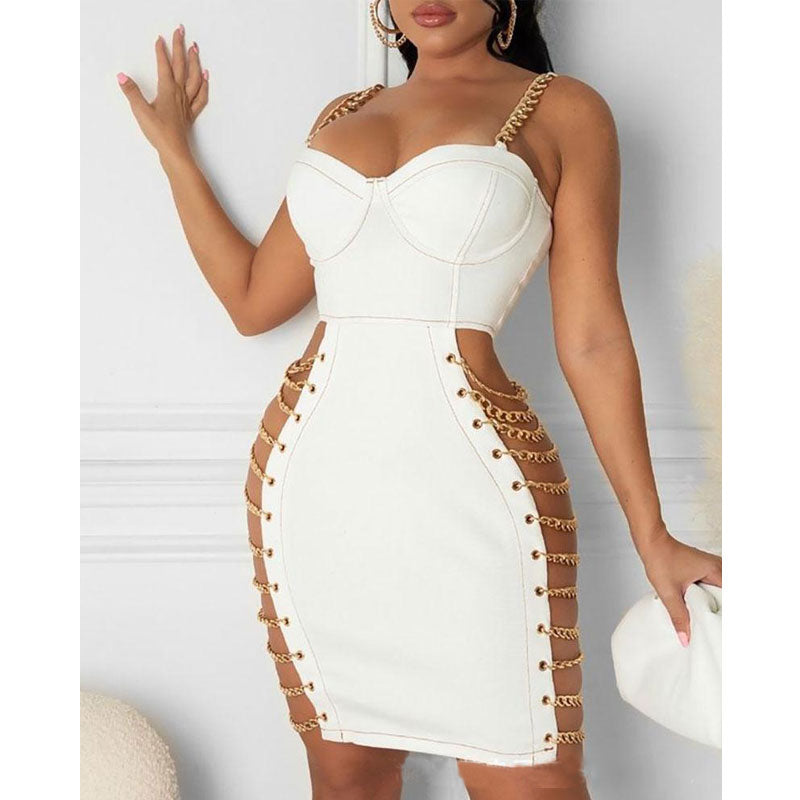 Solid Sleeveless Chain Strap Hollow Out Bodycon Dress