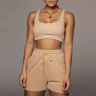 Solid Sleeveless Tube Top & Drawstring Shorts Set