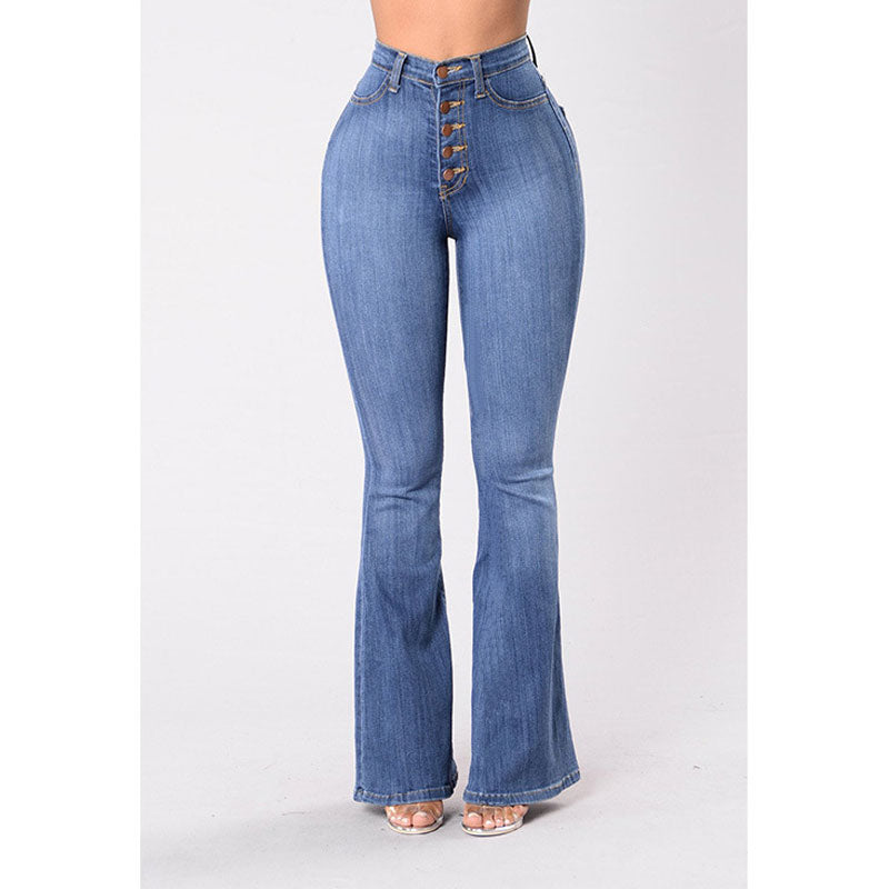 Solid High Waist Button Detailed Bell Bottomed Denim Pants