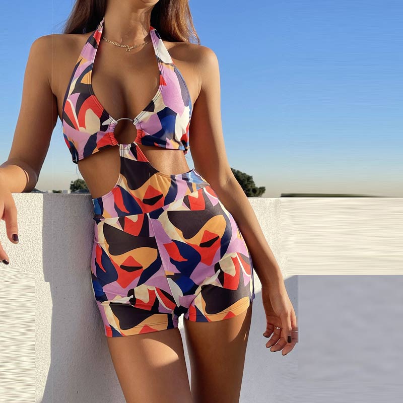 Print Halter Hollow Out One Piece Swimuit