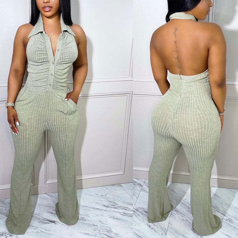 Solid V-Neck Halter Backless Knitted Jumpsuit