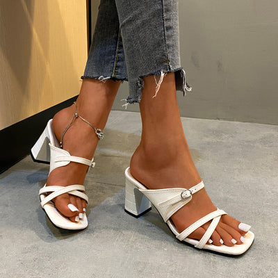 Solid Square Toe Double Strap Chunky Heeled Sandals