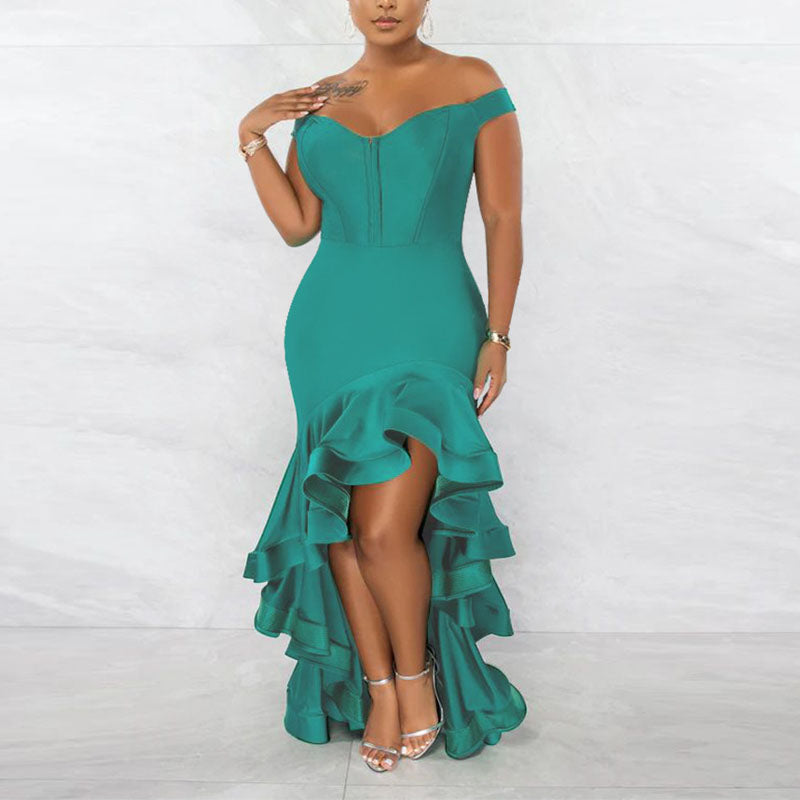 Solid Off Shoulder Ruffle Design Mermaid Maxi Dress