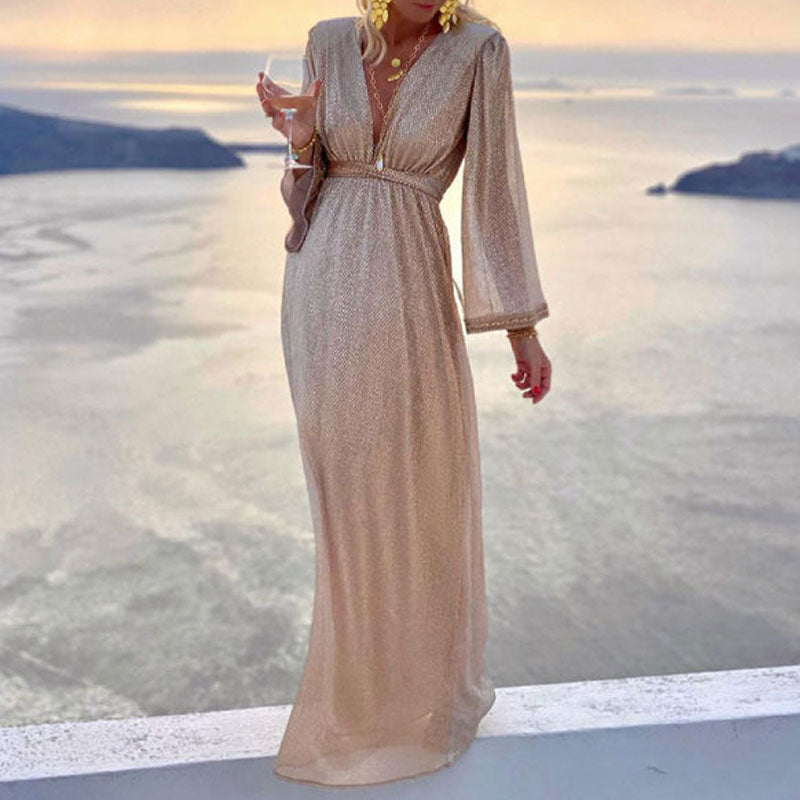 Glitter V-Neck Long Sleeve Maxi Dress