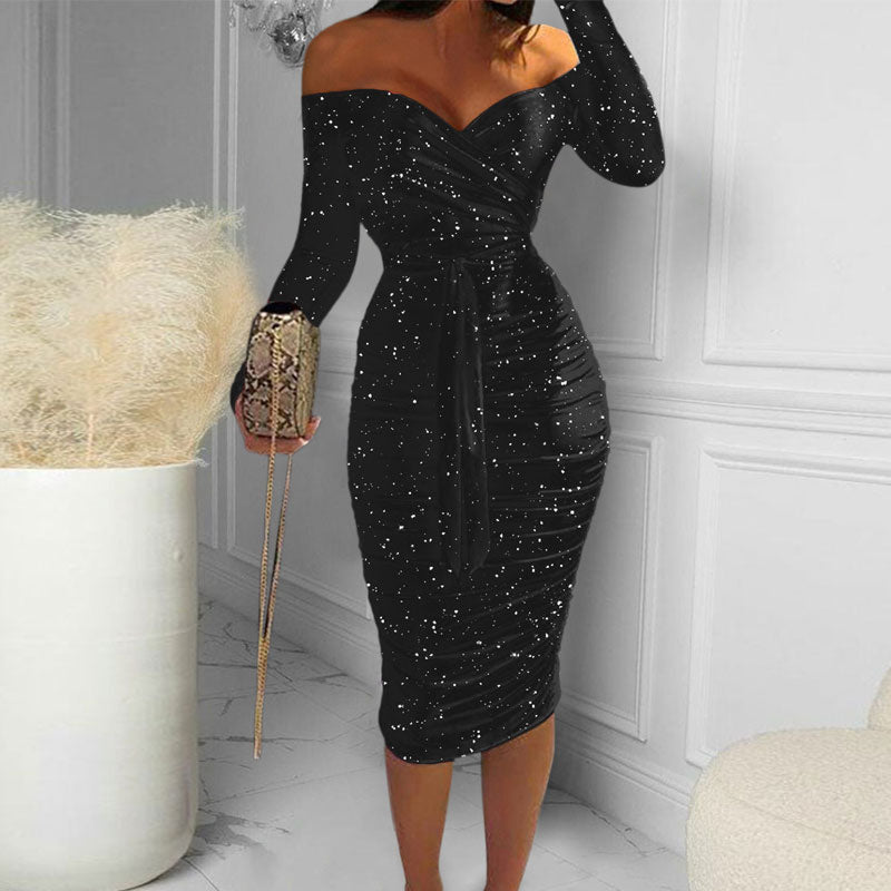 Glitter Off Shoulder Long Sleeve Belted Bodycon Dress