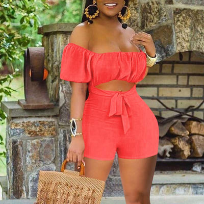 Solid Off Shoulder Short Sleeve Cut Out Romper