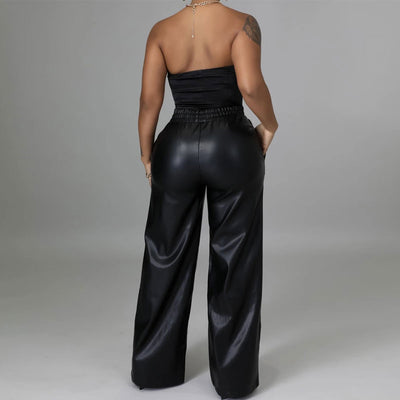 Solid High Waist Pocket Design PU Leather Pants