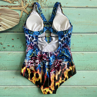 Print Deep V-Neck Cut Out One Piece Swimsuit