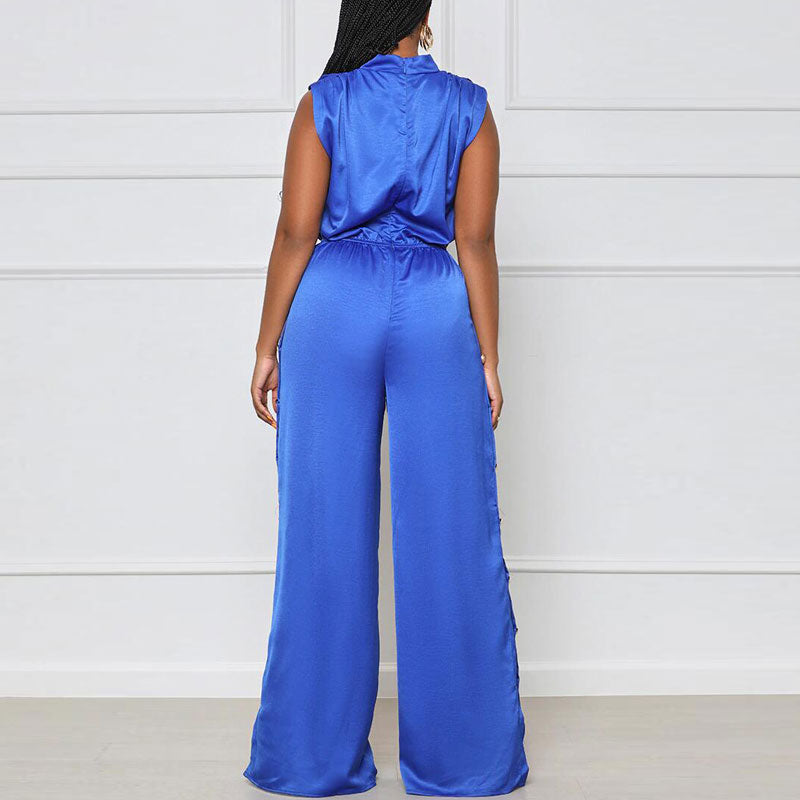 Solid Sleeveless Cowl Neck Button Detailed Slit Jumpsuit