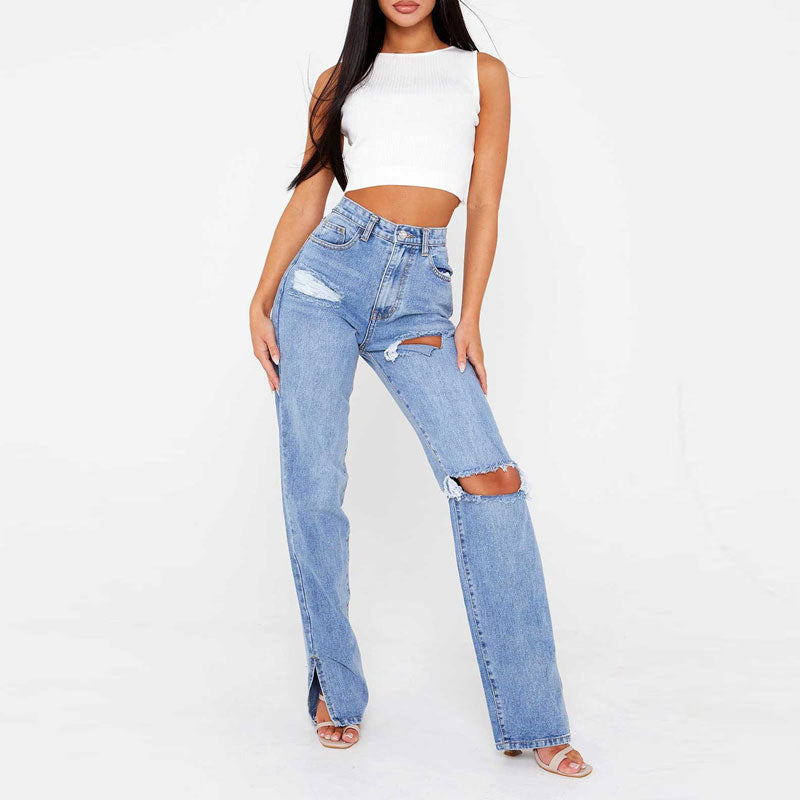 Solid High Waist Cut Out Denim Pants