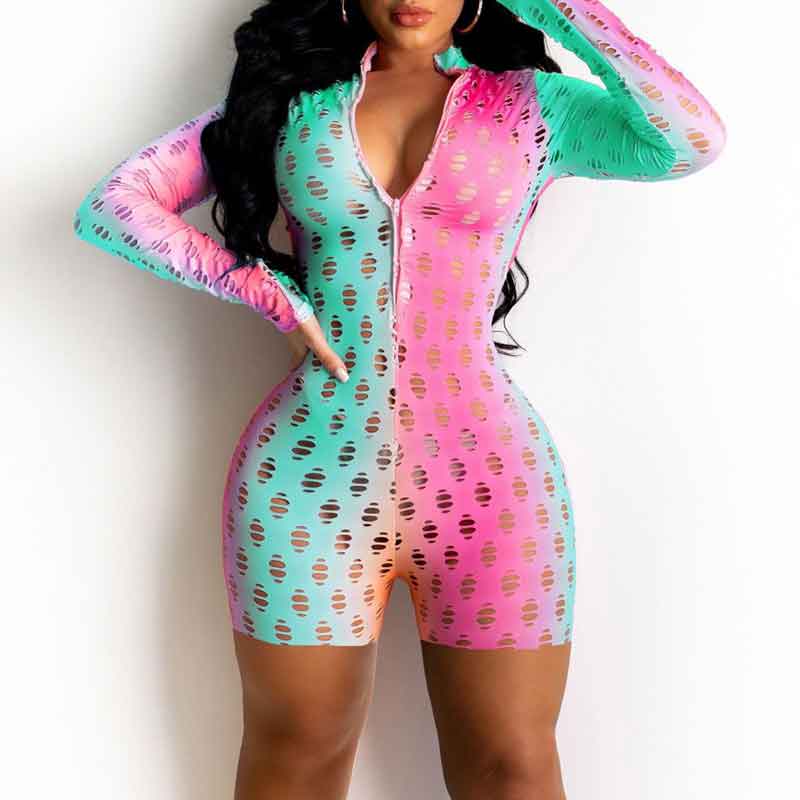 Colorblock Long Sleeve Hollow Out Romper