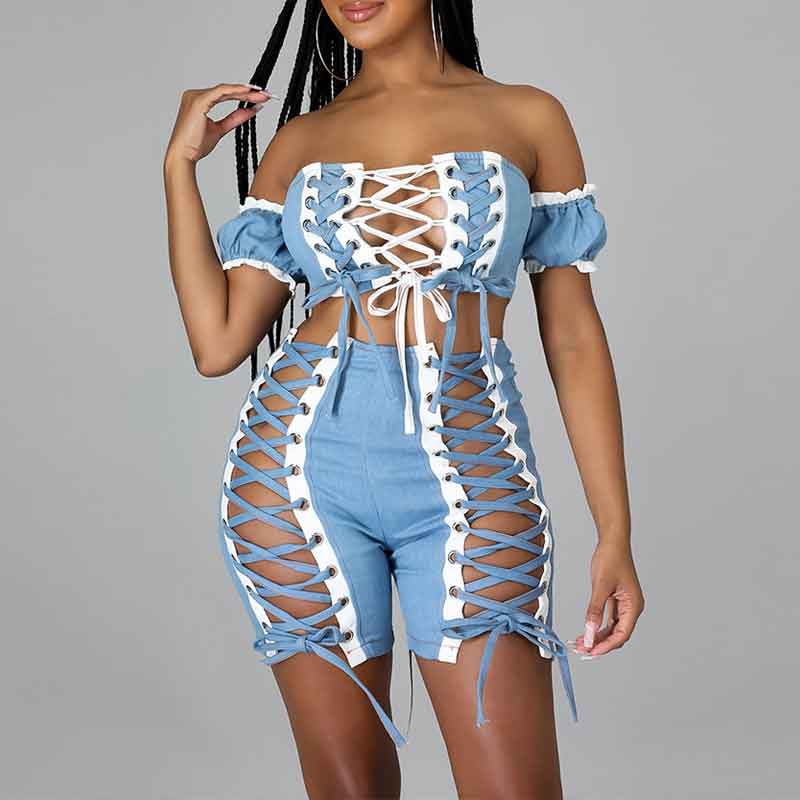 Colorblock Off Shoulder Lace Up Tube Top & Shorts Set