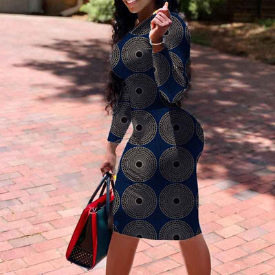 Geometric Print Long Sleeve Midi Dress