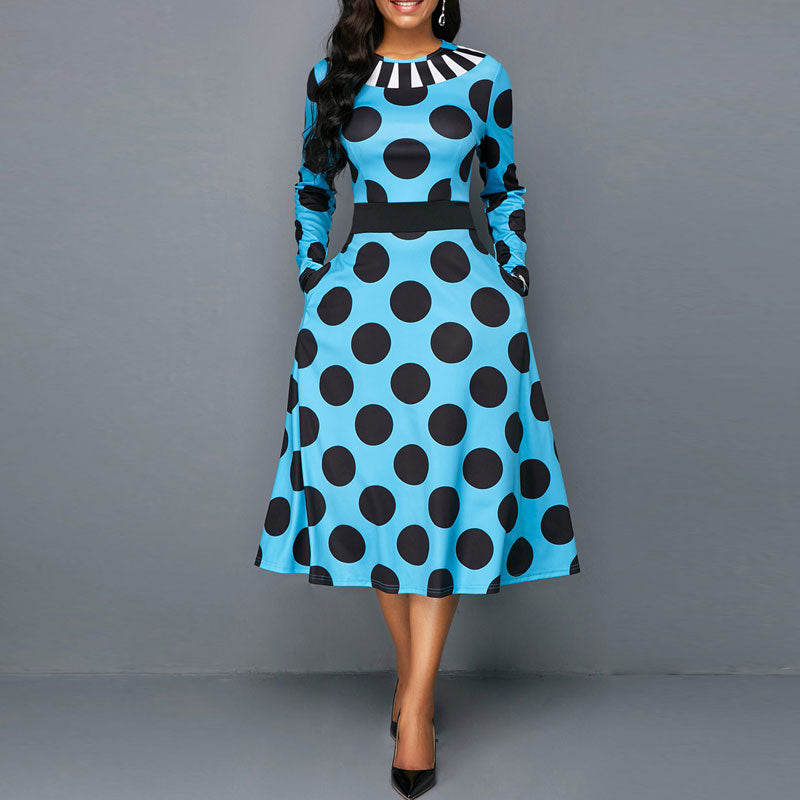 Polka Dot Print Long Sleeve Midi Dress