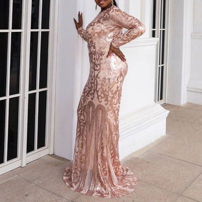 Sequins Round Neck Long Sleeve Floor-Length Plus Size Evening Dress