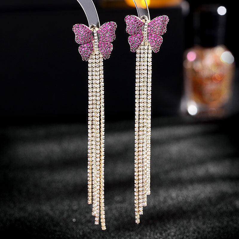 Rhinestone Butterfly Shaped Tassel Design Earrings