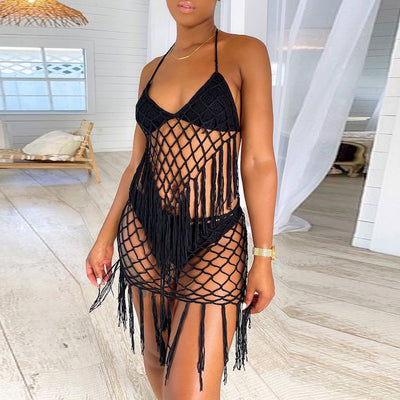 Solid Knitted Hollow Out Tassel Design Two Piece Swimsuit Set