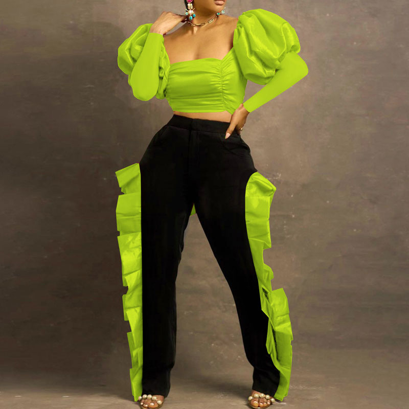 Colorblock Puff Sleeve Crop Top & Ruffles Pants Set