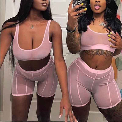 Solid Sheer Mesh 2PCS Shorts Set