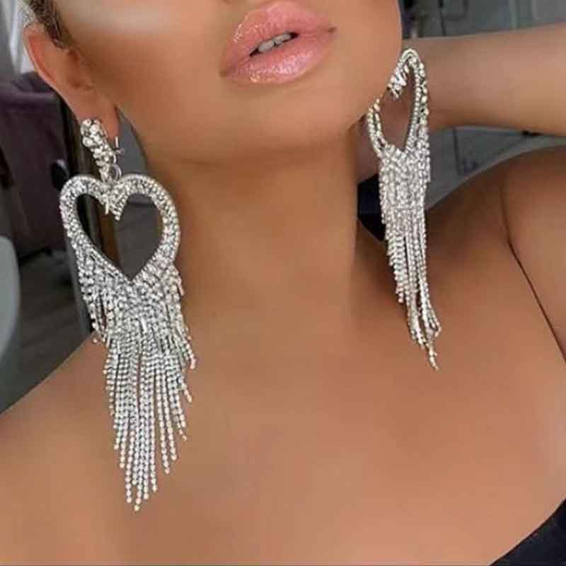 Studded Heart Pattern Tassel Design Drop Earrings