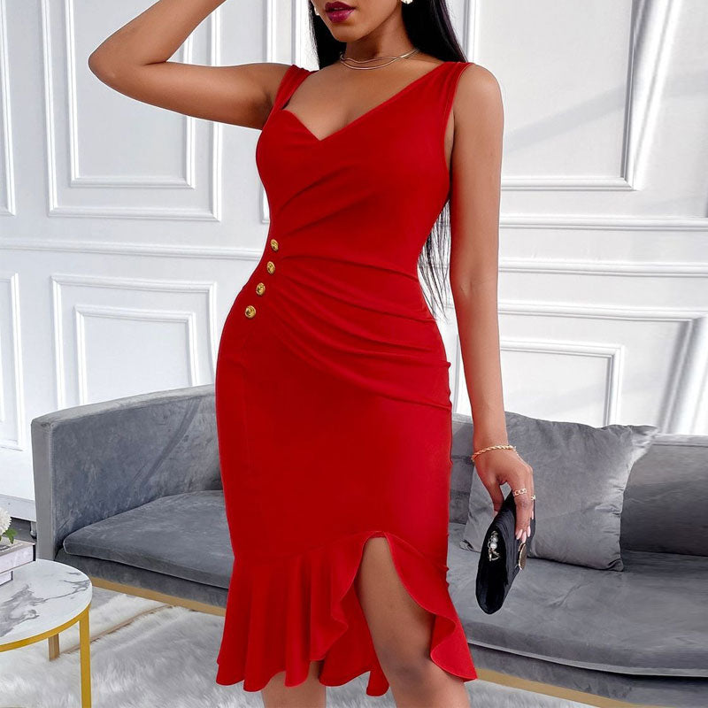 Solid V-Neck Sleeveless Ruffle Design Dress