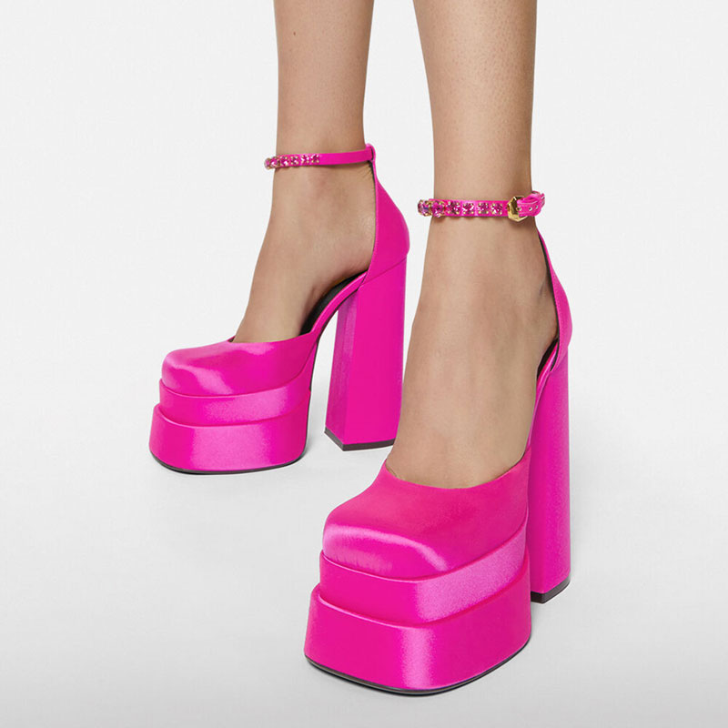 Studded Square Toe Ankle Strap Platform Chunky Heeled Sandals