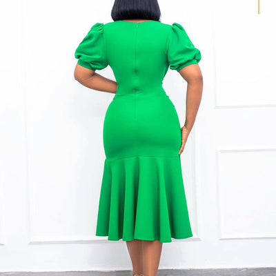 Solid Puff Sleeve Button Detailed Fishtail Midi Dress