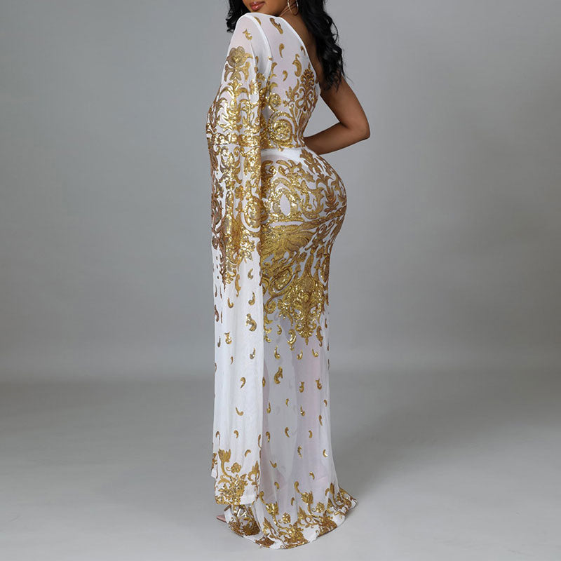 Sequins One Shoulder Long Sleeve Maxi Dress