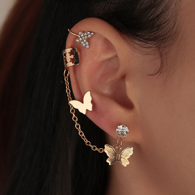 3PCS Rhinestone Butterfly Decor Earrings & Ear Cuff Set