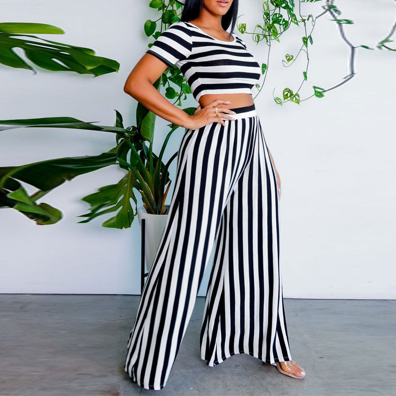 Striped Short Sleeve Crop Top & Wide Leg Pants Set