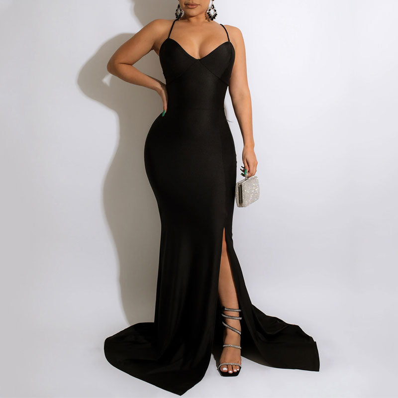 Solid Sleeveless Bandage High Slit Floor-Length Dress