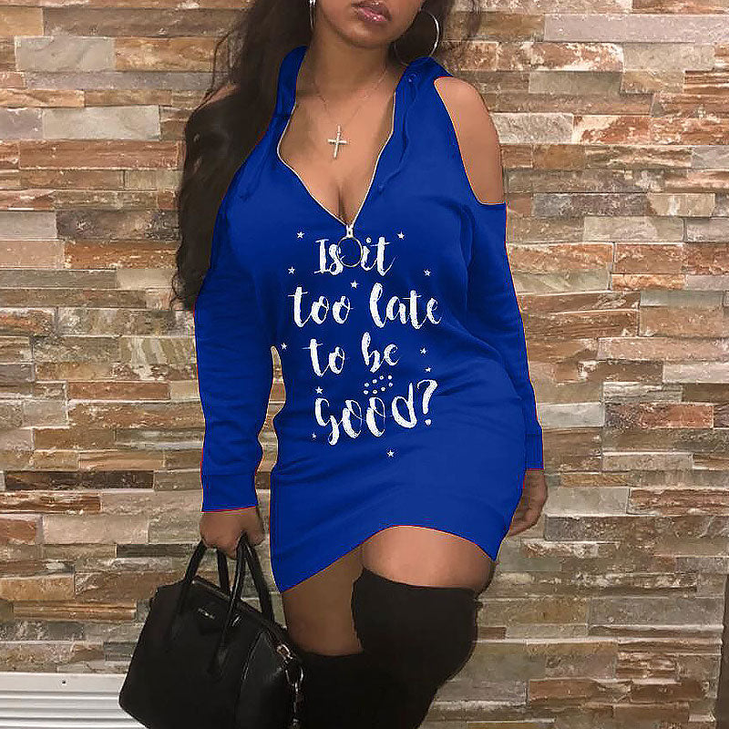 Letter Print Cold Shoulder Long Sleeve Hoodie Dress