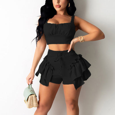 Solid Sleeveless Ruffle Design Two Piece Shorts Set