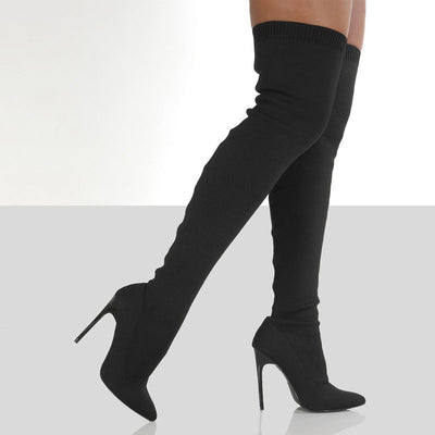 Solid Elastic Knitted Pointed Toe Over The Knee Boots