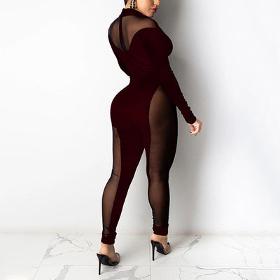 Solid Long Sleeve Sheer Mesh Jumpsuit