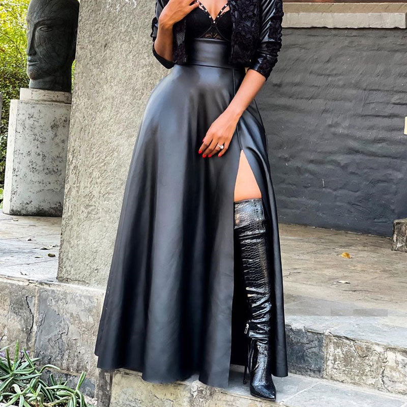 Solid High Waist PU Leather High Slit Skirt