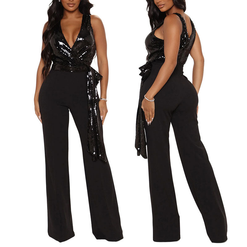 Sequins Deep V-Neck Sleeveless Knotted Jumpsuit