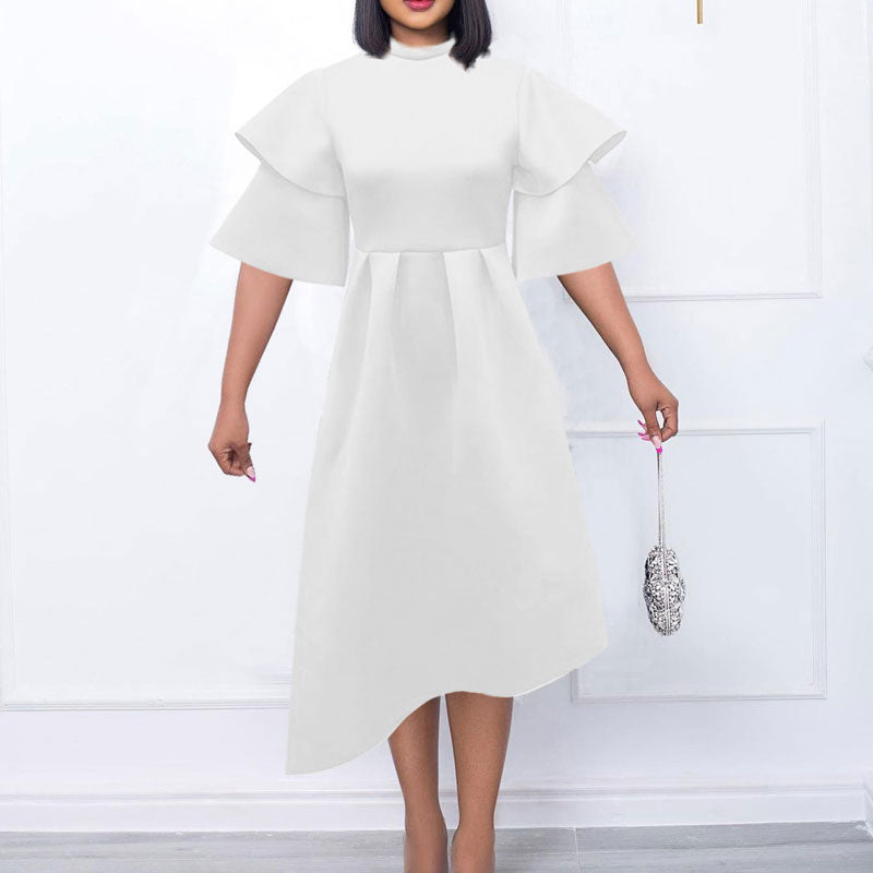 Solid Ruffles Layered Sleeve Asymmetrical Midi Dress