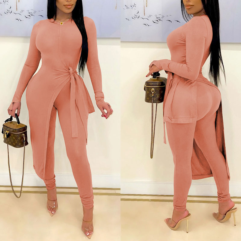 Solid Long Sleeve High Slit Top & Pants Set